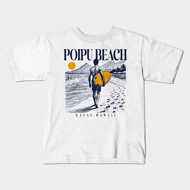 Vintage Surfing Poipu Beach, Kauai, Hawaii // Retro Surfer Sketch // Surfer's Paradise Kids T-Shirt by Now Boarding